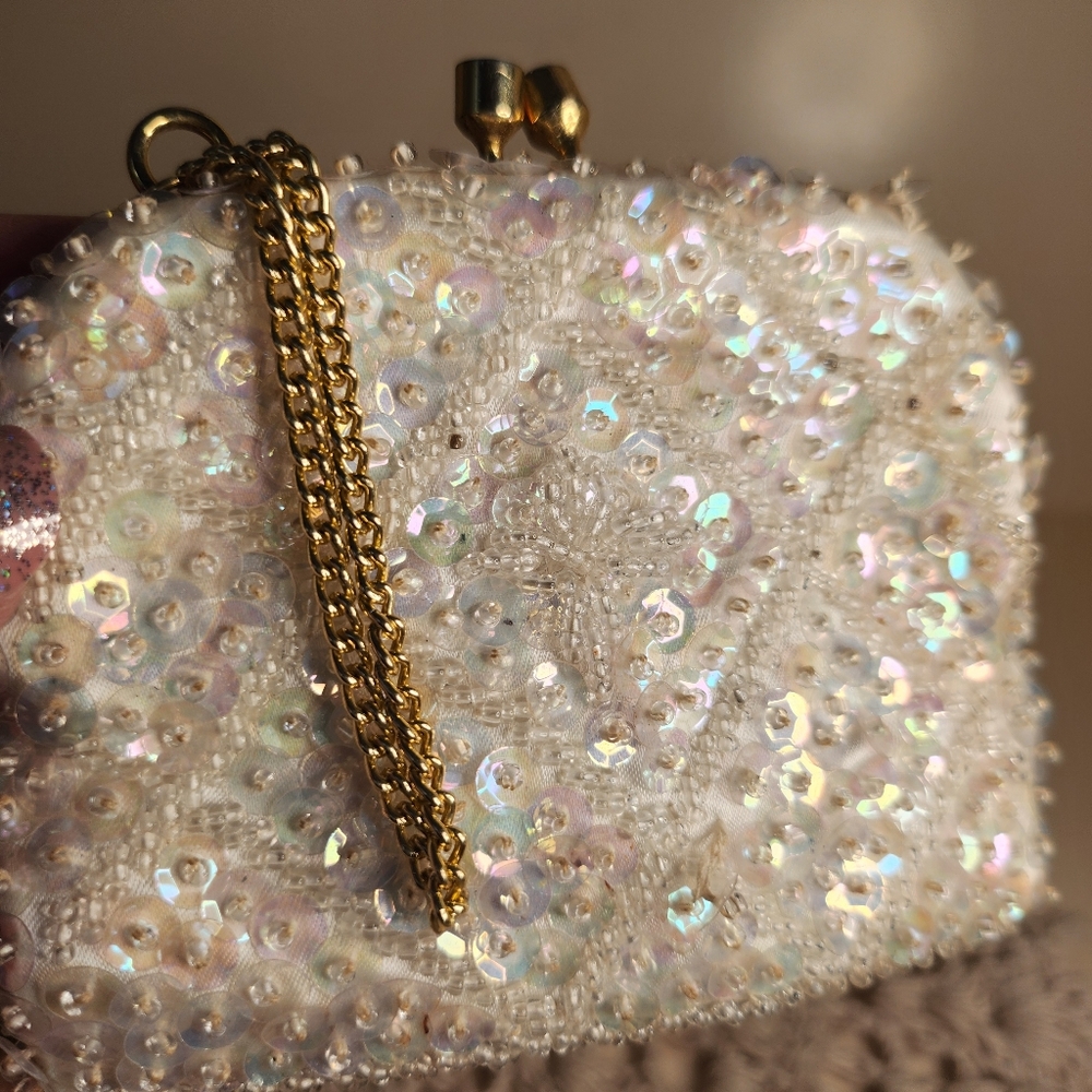 Sequin Small Cream Color Wallet With Goldtone Closure